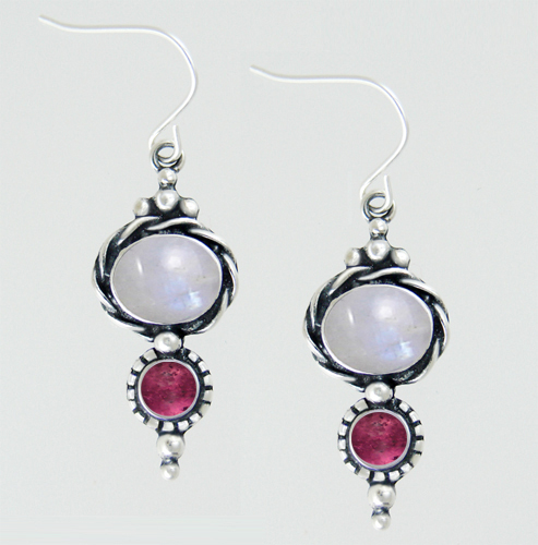 Sterling Silver Drop Dangle Earrings With Rainbow Moonstone And Pink Tourmaline